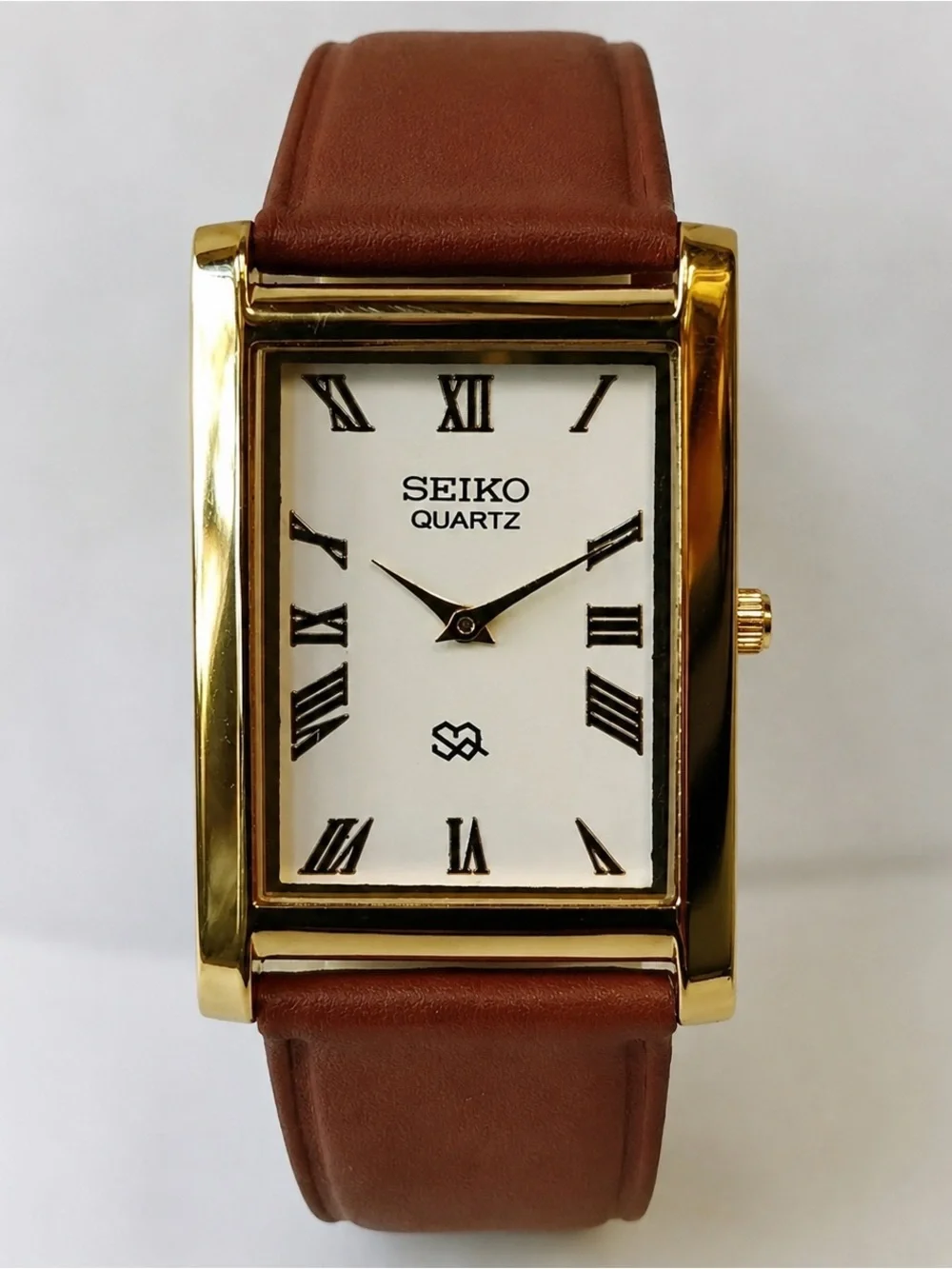 Seiko Gold-Tone Rectangular Watch with Brown Leather Strap and White Dial